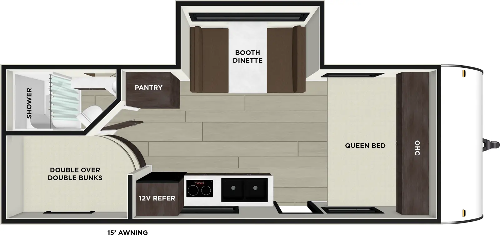 The Wildwood FSX 178ICE floorplan has one entry and one slide out. Exterior features include: metal exterior and 15' awning. Interiors features include: bunk beds and front bedroom.
